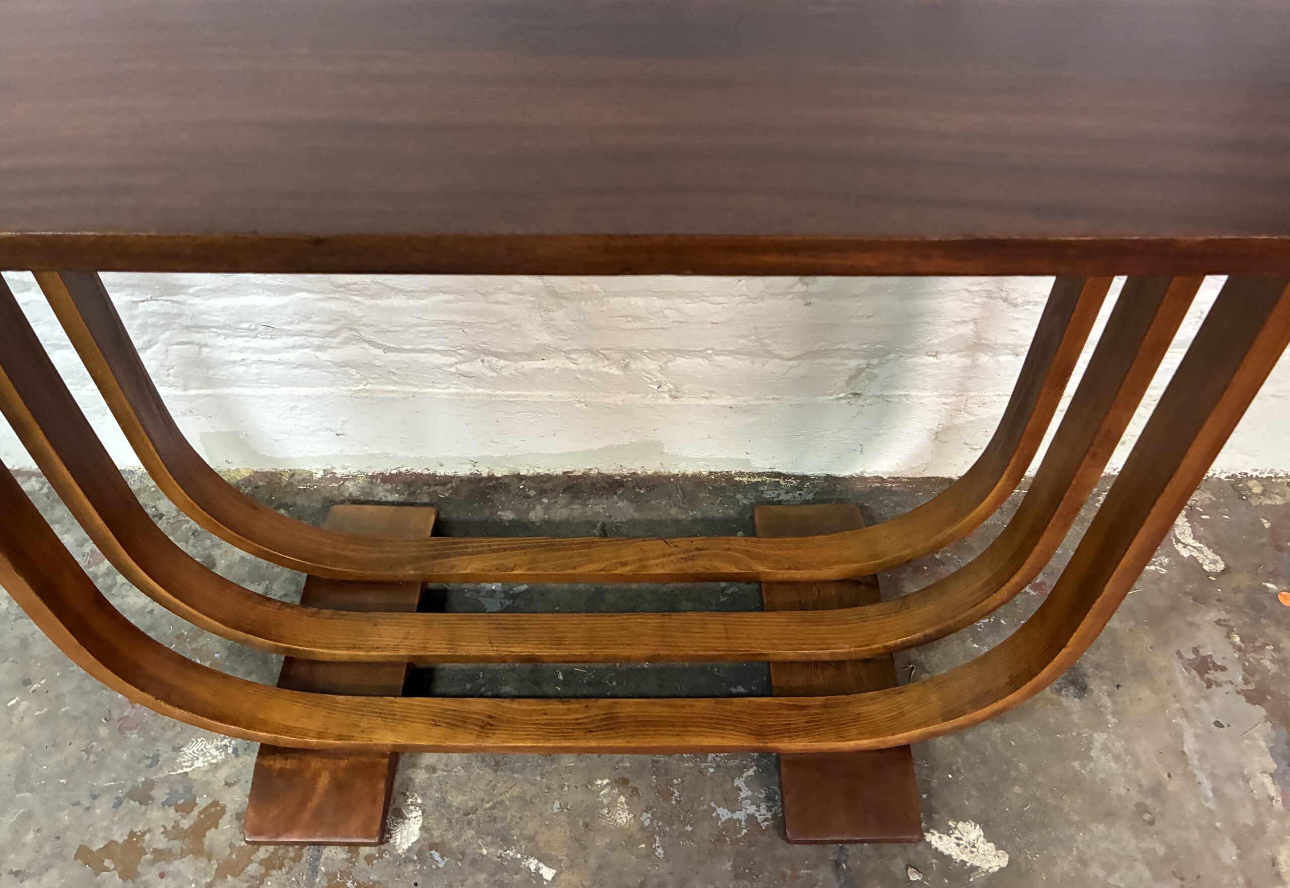 Art Deco Mahogany Console Table Curved Bentwood Slat Base - Image 8