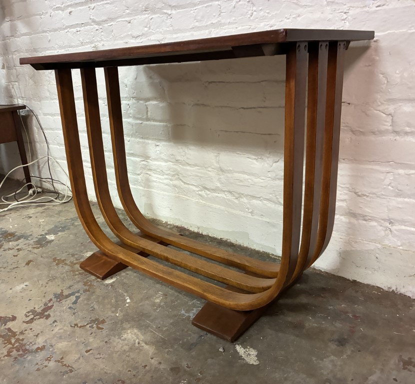 Art Deco Mahogany Console Table Curved Bentwood Slat Base