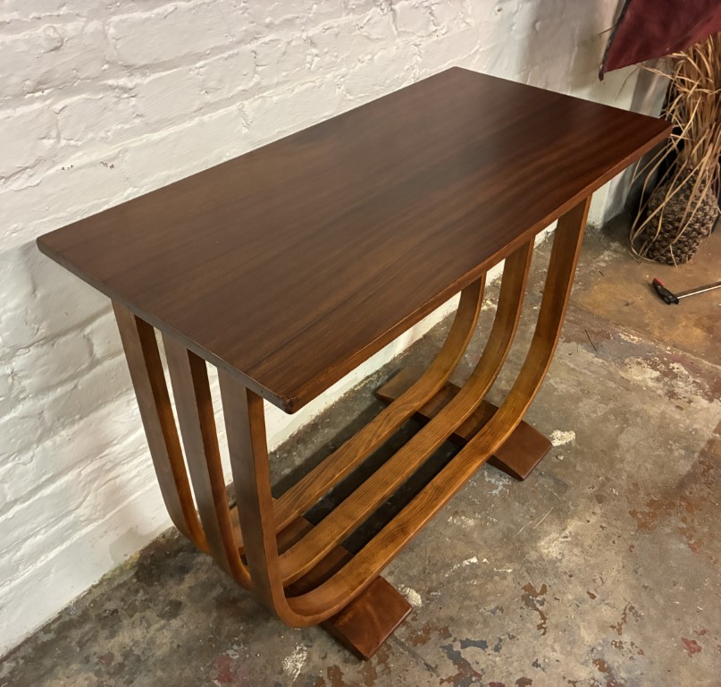 Art Deco Mahogany Console Table Curved Bentwood Slat Base - Image 11