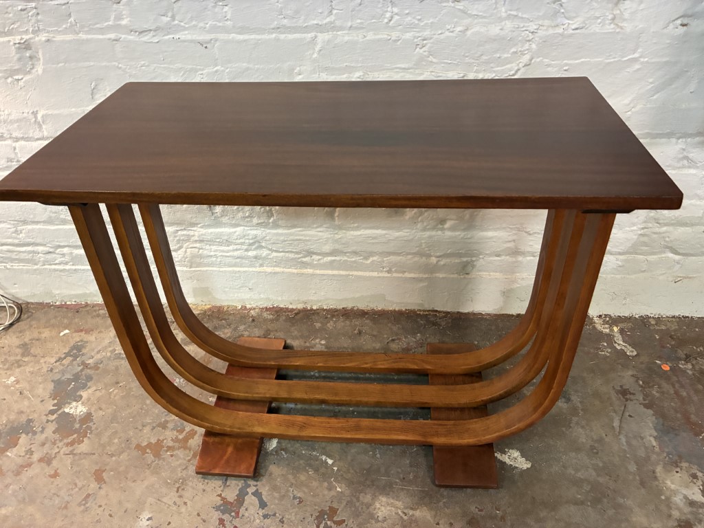 Art Deco Mahogany Console Table Curved Bentwood Slat Base - Image 5