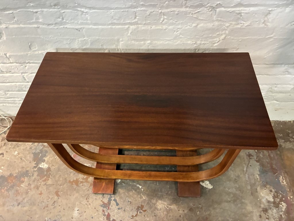 Art Deco Mahogany Console Table Curved Bentwood Slat Base - Image 10