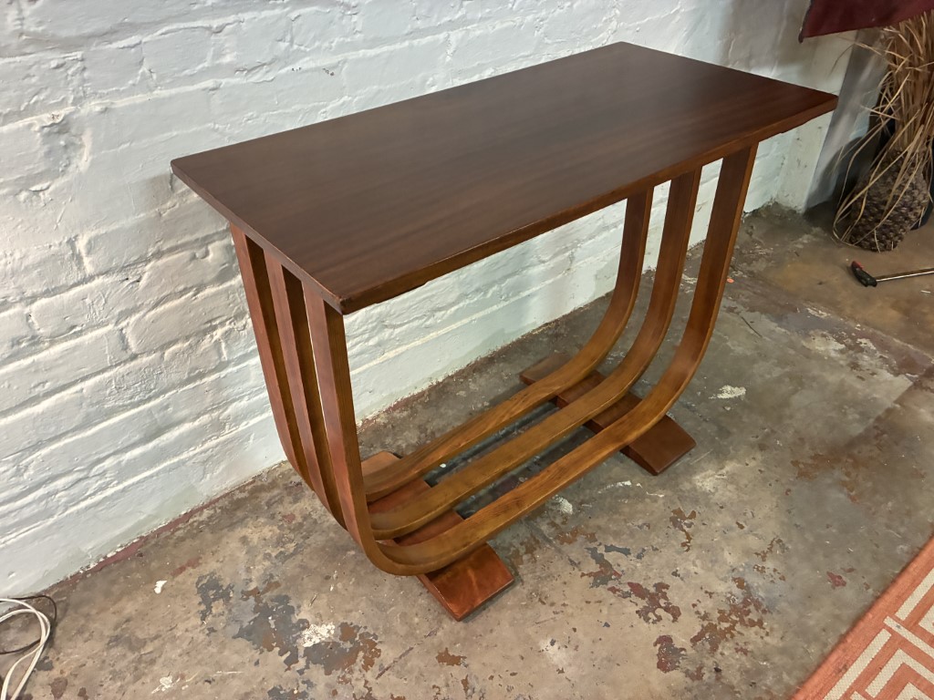 Art Deco Mahogany Console Table Curved Bentwood Slat Base - Image 7