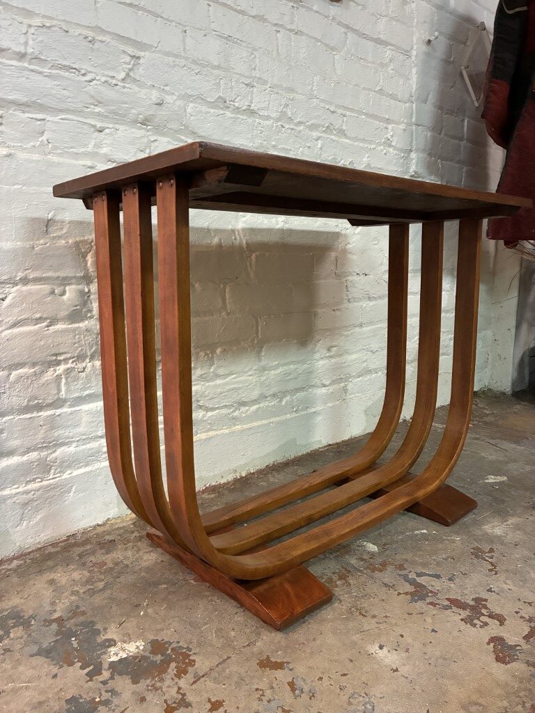 Art Deco Mahogany Console Table Curved Bentwood Slat Base - Image 4