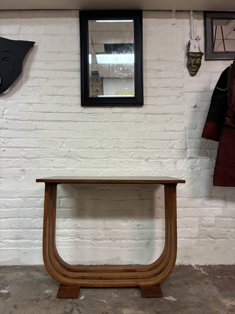 Art Deco Mahogany Console Table Curved Bentwood Slat Base - Image 6