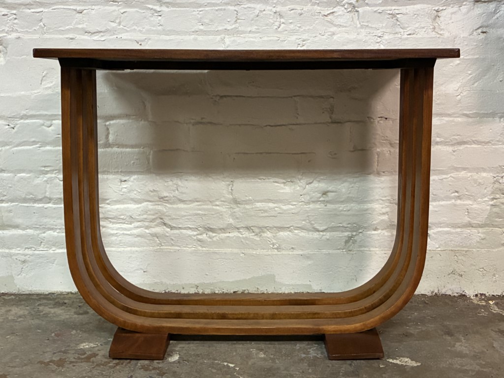 Art Deco Mahogany Console Table Curved Bentwood Slat Base - Image 3