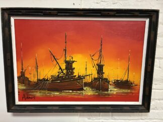 Vibrant Nautical Mid Century Painting, Distressed Wooden Frame