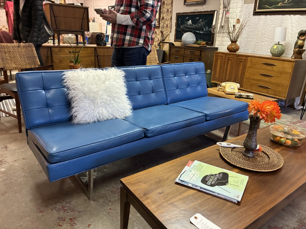 Royal Blue Mid Century Modern Naugahyde Sofa, Chrome Sled Legs - Image 12