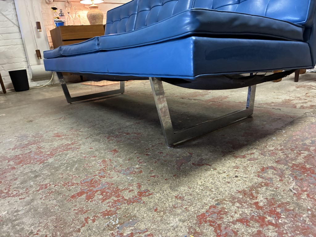 Royal Blue Mid Century Modern Naugahyde Sofa, Chrome Sled Legs - Image 4
