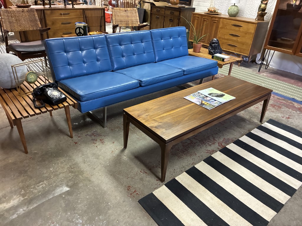 Royal Blue Mid Century Modern Naugahyde Sofa, Chrome Sled Legs - Image 8