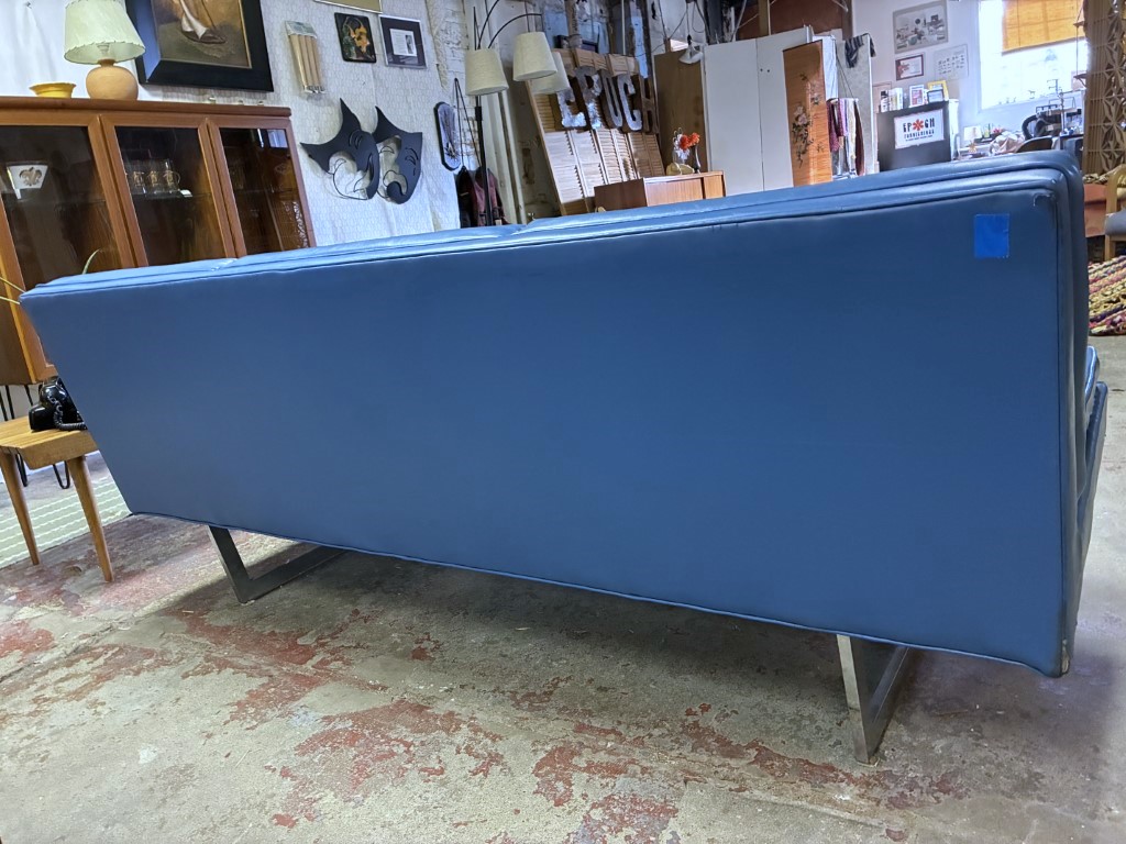Royal Blue Mid Century Modern Naugahyde Sofa, Chrome Sled Legs - Image 9