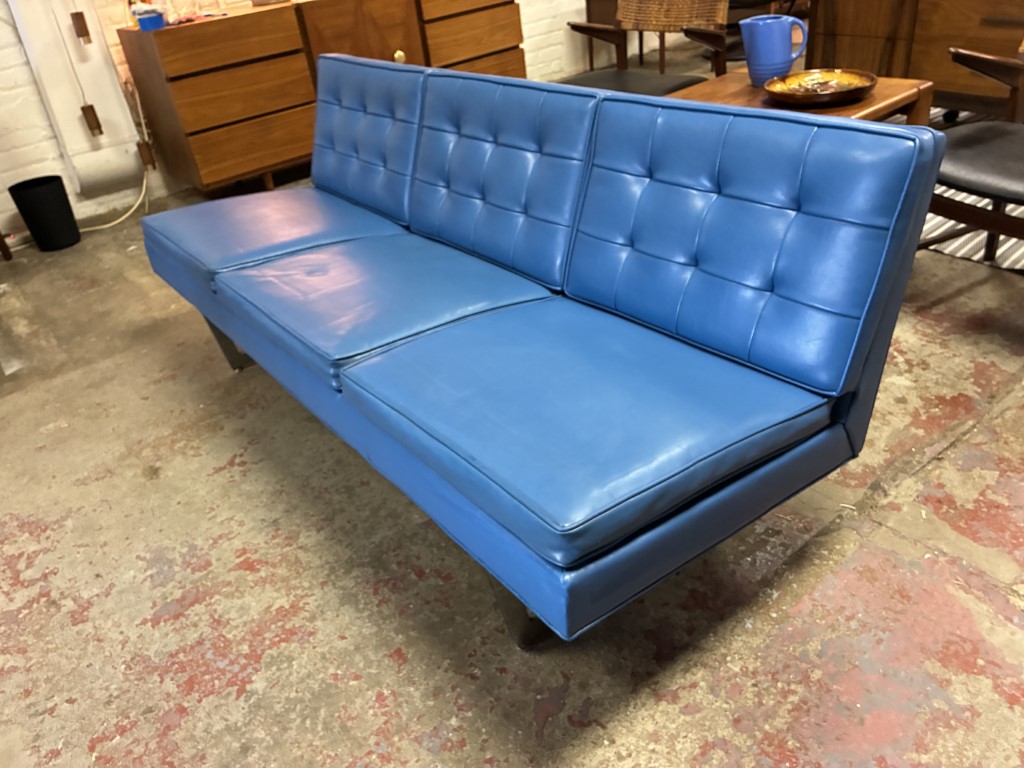 Royal Blue Mid Century Modern Naugahyde Sofa, Chrome Sled Legs - Image 10