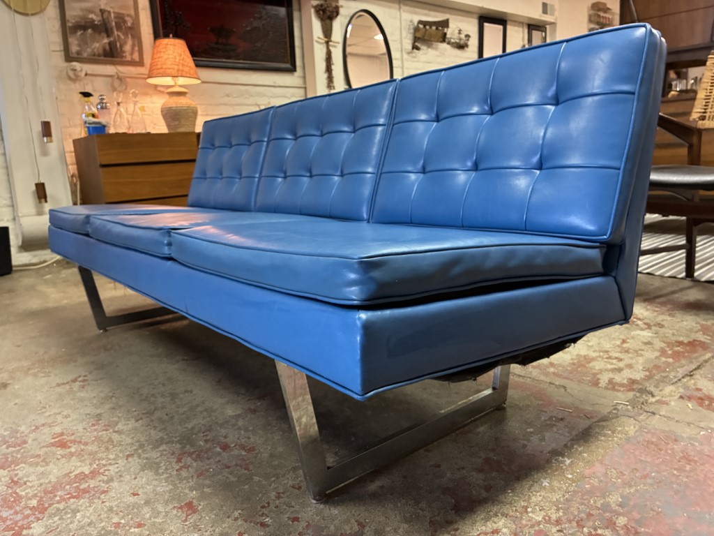 Royal Blue Mid Century Modern Naugahyde Sofa, Chrome Sled Legs