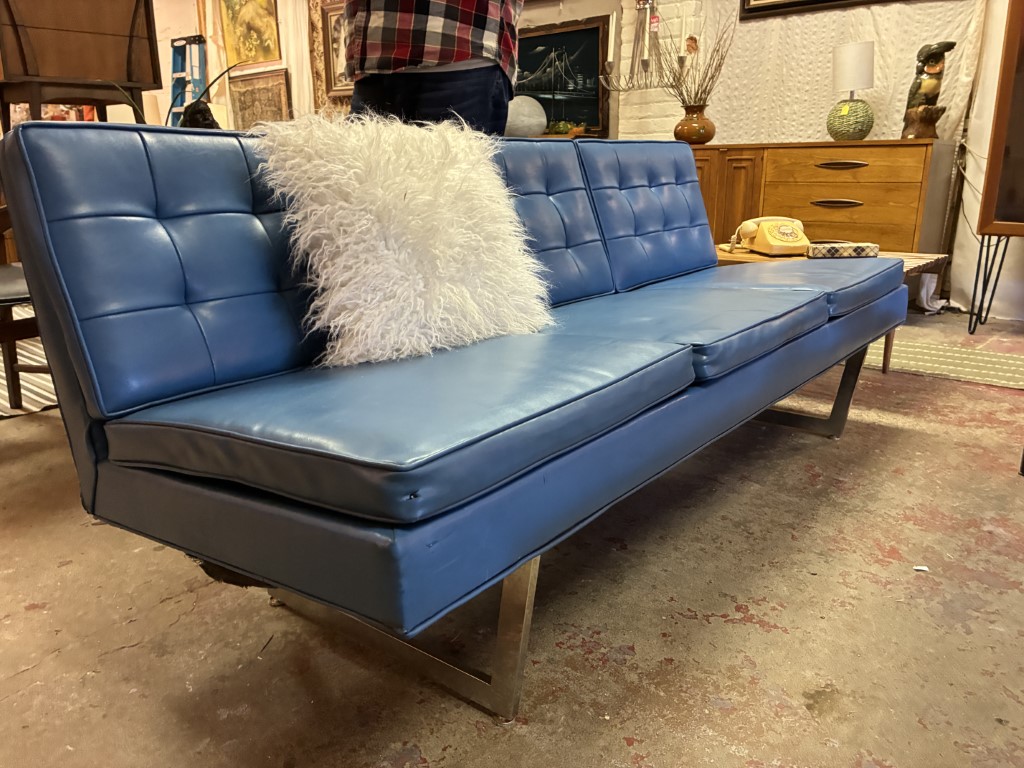Royal Blue Mid Century Modern Naugahyde Sofa, Chrome Sled Legs - Image 13