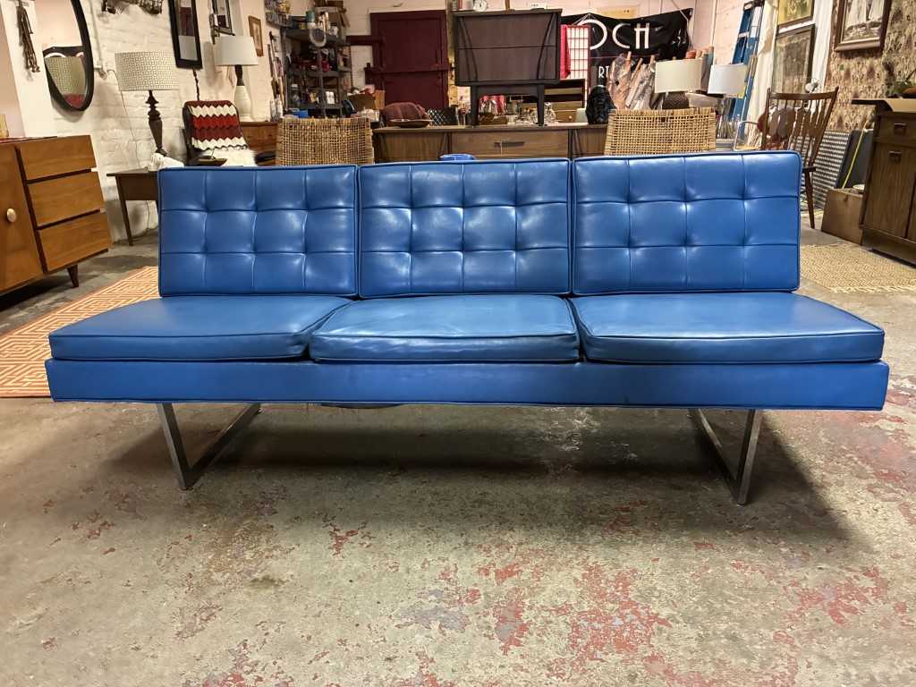 Royal Blue Mid Century Modern Naugahyde Sofa, Chrome Sled Legs - Image 5