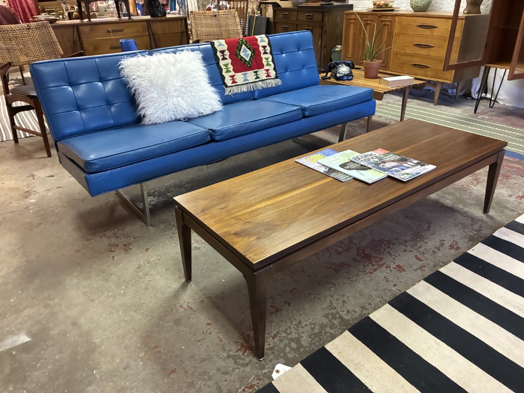 Royal Blue Mid Century Modern Naugahyde Sofa, Chrome Sled Legs - Image 14