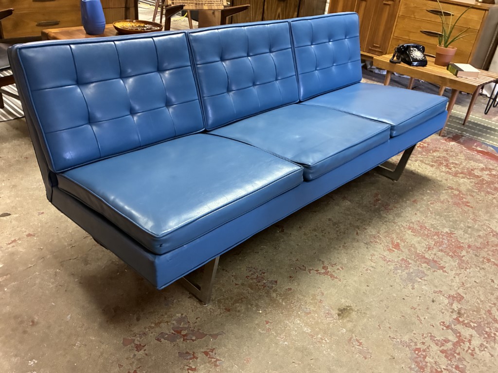 Royal Blue Mid Century Modern Naugahyde Sofa, Chrome Sled Legs - Image 6