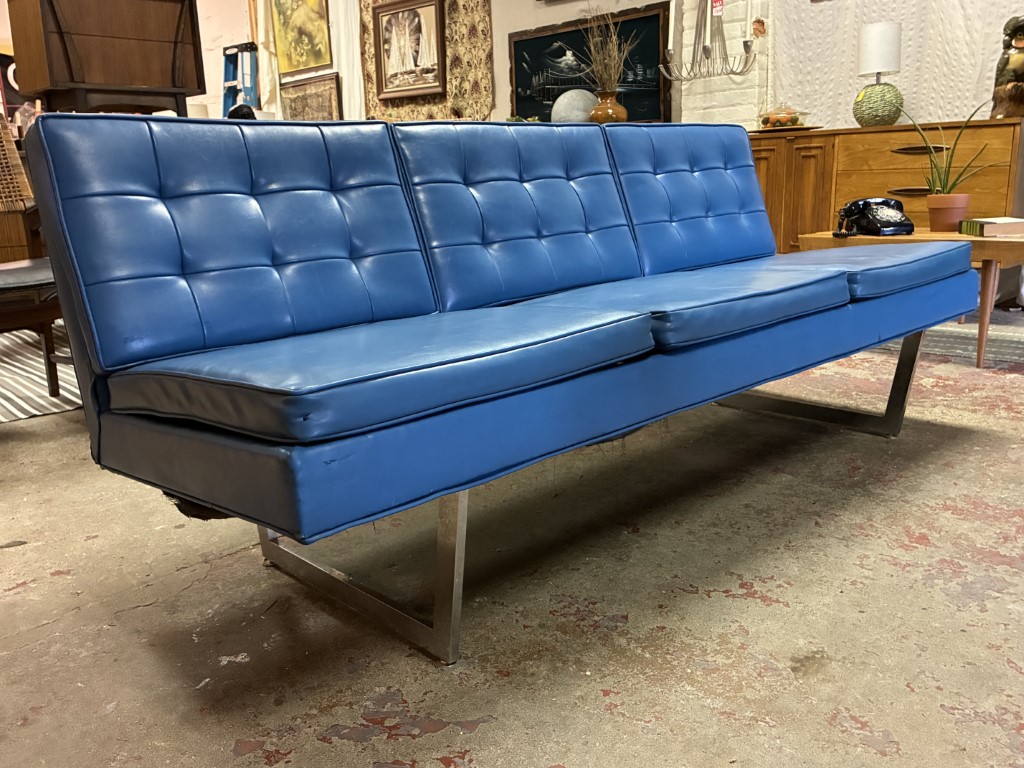 Royal Blue Mid Century Modern Naugahyde Sofa, Chrome Sled Legs - Image 2
