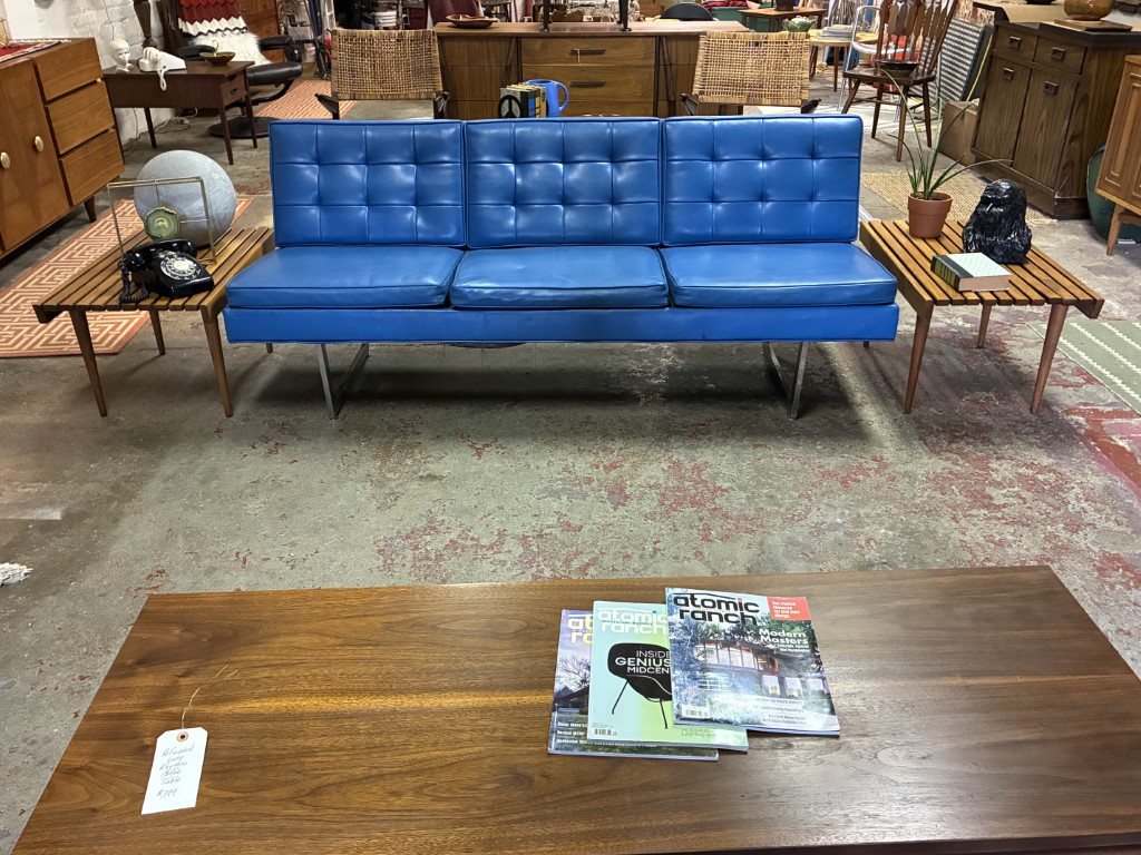 Royal Blue Mid Century Modern Naugahyde Sofa, Chrome Sled Legs - Image 3