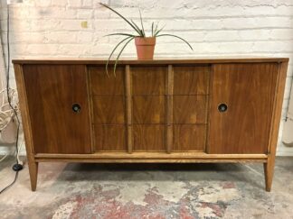 Mid Sized Walnut Credenza, Drawers, Cabinets, Black & Brass Bullseye Pulls