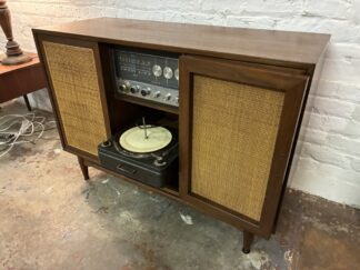MCM Zenith Walnut & Cane Stereo Console, Turntable & Radio