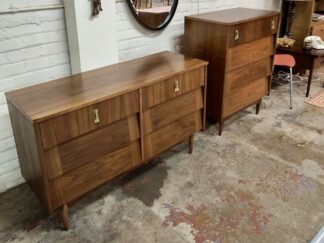 Mid Century Modern Refinished Walnut Bedroom Dresser Set, Louvered Drawers