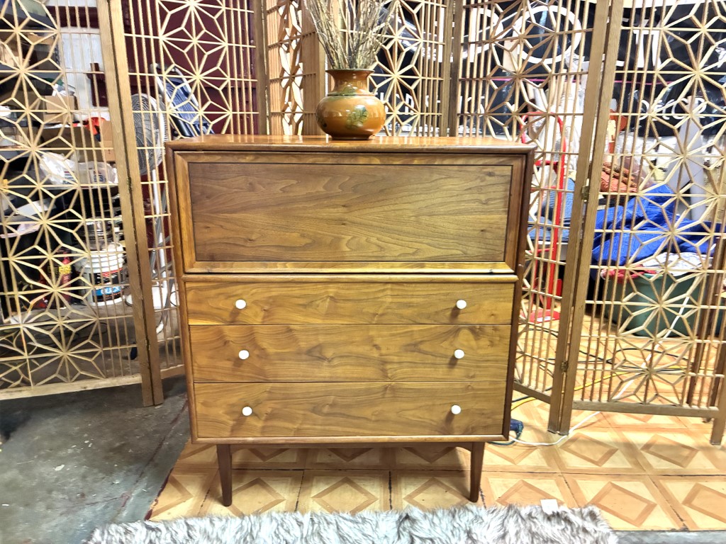 Drexel Declaration Drop Front Walnut High Dresser, Round White Ceramic Knobs by Kipp Stewart Drexel Declaration Drop Front Walnut High Dresser, Round White Ceramic Knobs by Kipp Stewart