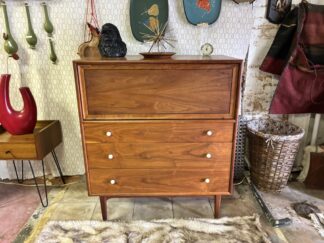 Drexel Declaration Drop Front Walnut High Dresser, Round White Ceramic Knobs by Kipp Stewart
