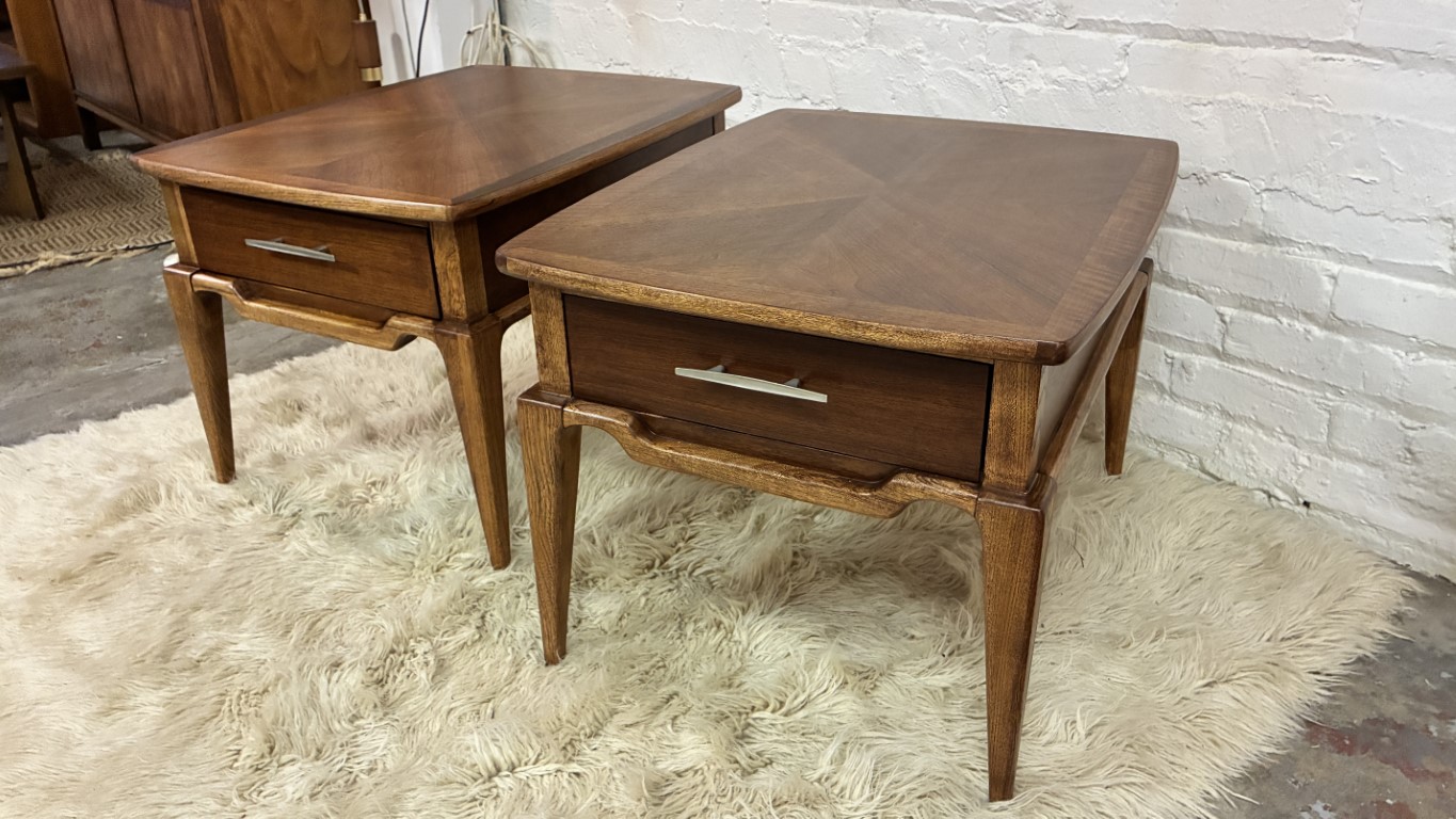 Pair 1962 Lane Walnut End Tables, Starburst Inlay & Drawer - Image 3