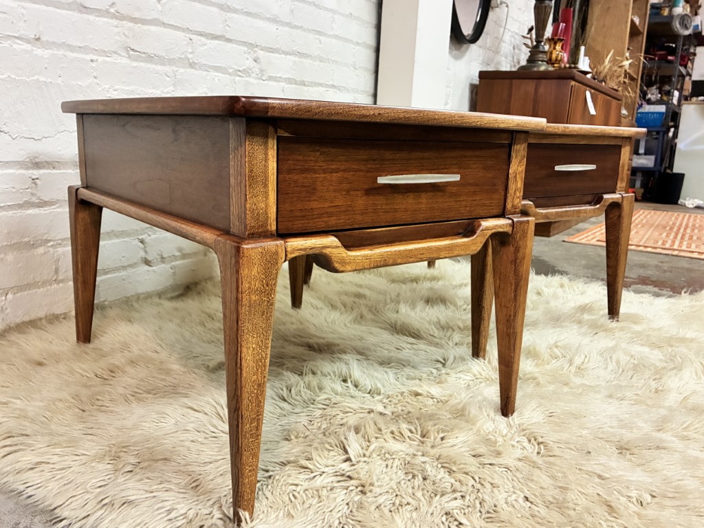 Pair 1962 Lane Walnut End Tables, Starburst Inlay & Drawer - Image 5