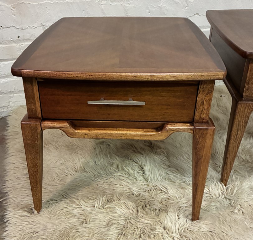 Pair 1962 Lane Walnut End Tables, Starburst Inlay & Drawer - Image 6