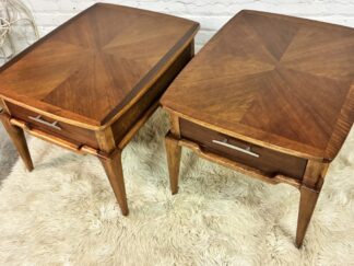 Pair 1962 Lane Walnut End Tables, Starburst Inlay & Drawer