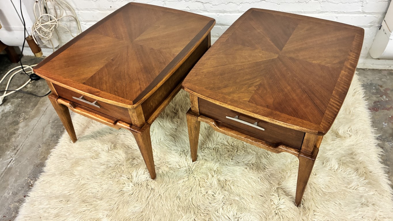 Pair 1962 Lane Walnut End Tables, Starburst Inlay & Drawer