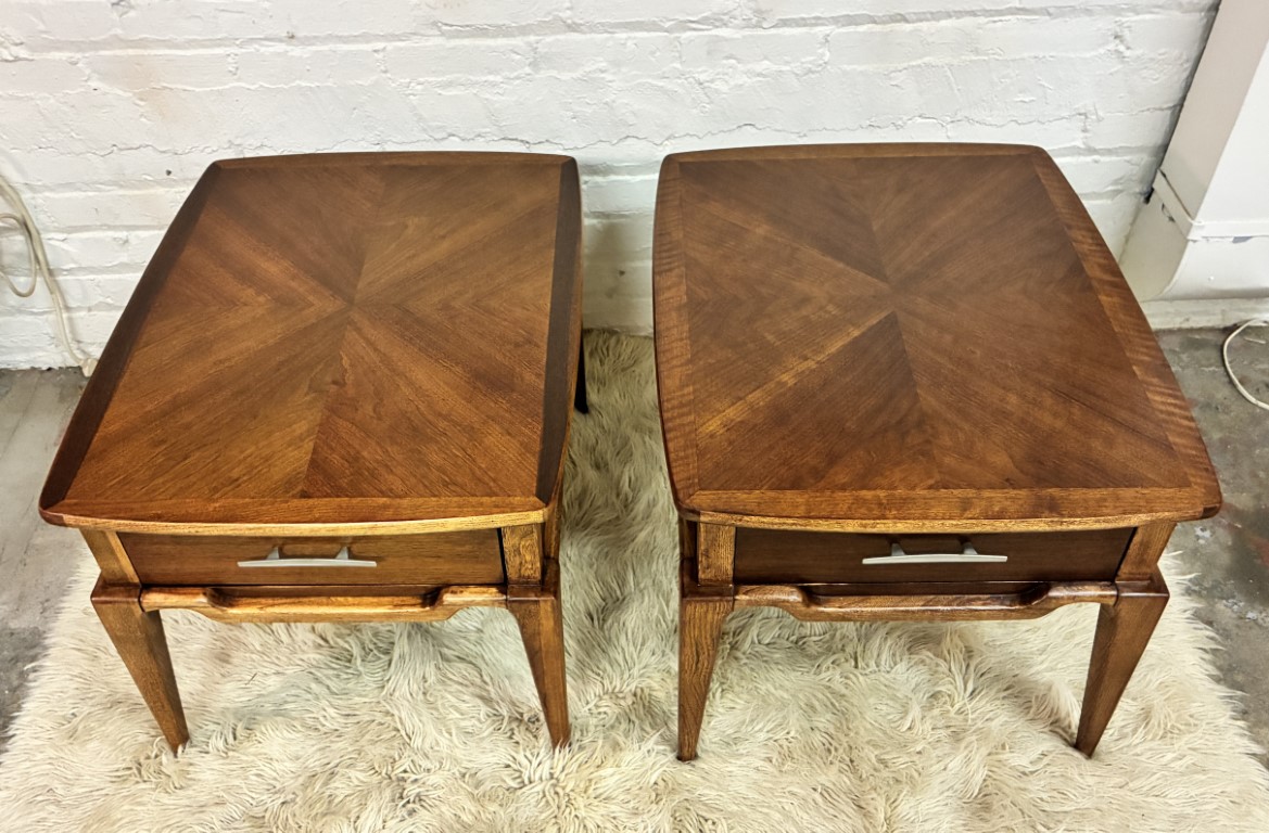 Pair 1962 Lane Walnut End Tables, Starburst Inlay & Drawer - Image 4