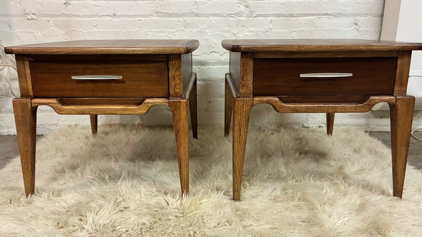 Pair 1962 Lane Walnut End Tables, Starburst Inlay & Drawer - Image 2