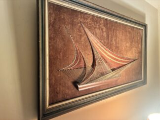Large Nautical String Art, Ship, Wood, Velvet, Framed Grass-cloth, Vintage 53"W X 29"H