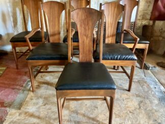 6 Vintage, MCM Walnut Dining Chairs, Black Vinyl