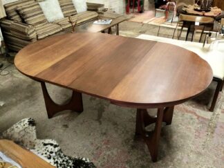 Iconic Broyhill Brasilia Mid Century Modern Round, Oval Walnut Dining Table, 2 Leaves